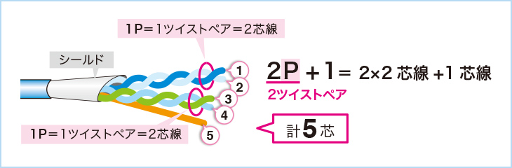 1Pが2本と芯線が1本あるので、芯線の合計は2P＋1＝2×2＋1＝合計5芯となります