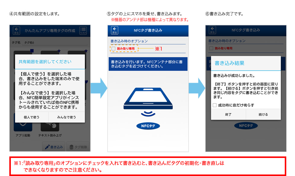 共有範囲の設定をします　タグの上にスマホを乗せ、書き込みます