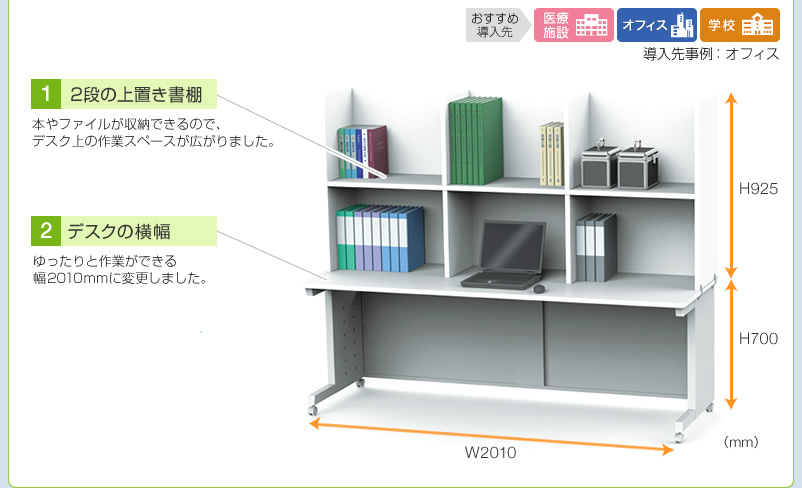 2段の上置き書棚　デスクの横幅