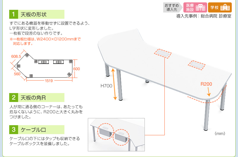 天板の形状　天板の角R　ケーブル口