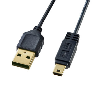 極細USBケーブル（USB2.0　A-ミニBタイプ、ブラック）
