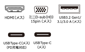 HDMI(メス)・ミニD-sub(HD)15pin(メス)・USB Type-C(メス)・USB Type-Cコネクタ(メス・PD充電または外部機器用)・USB3.2 Gen1 A(メス)