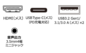 HDMI（メス）・USB3.2 Gen1 A（メス）×2・USB Type-Cコネクタ（メス・PD充電用）・3.5mm4極ミニジャック