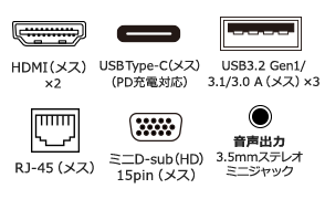 USB Type-Cコネクタ（メス・PD充電用）・USB3.2 Gen1 A（メス）×3・ミニD-sub（HD）15pin（メス）・HDMI（メス）×2・RJ-45（LANポート）・3.5mmステレオミニジャック