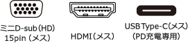ミニD-sub（HD）15pin（メス）・HDMI（メス）・USB Type-Cコネクタ（メス・PD充電用）