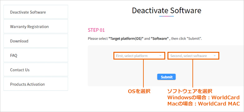 OSを選択 ソフトウェアを選択 Windowsの場合：WorldCard Macの場合：WorldCard MAC