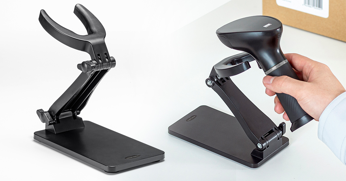 角度調整&折りたたみ設計様々なバーコードリーダーにフィットする卓上スタンドを発売