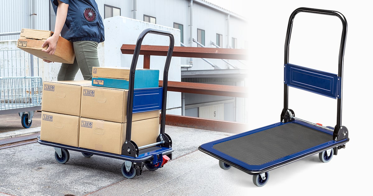 傾斜でも固定して荷物を出し入れできるストッパー付き台車を発売