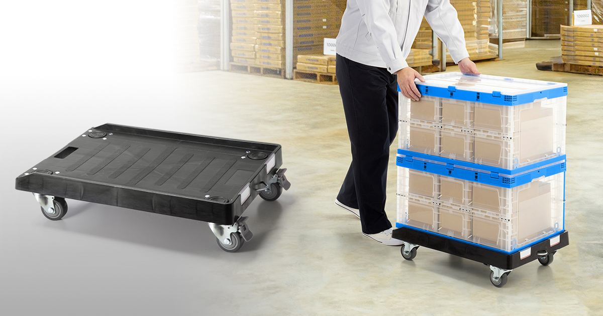 75リットル仕様のコンテナ対応、滑り止め付き樹脂製ドーリーを発売