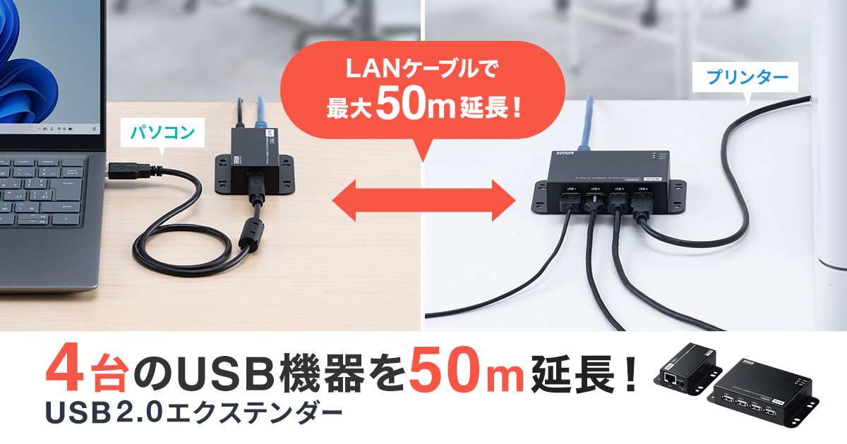 4台のUSB機器をLANケーブルで最大50m延長できるUSB2.0エクステンダーを発売